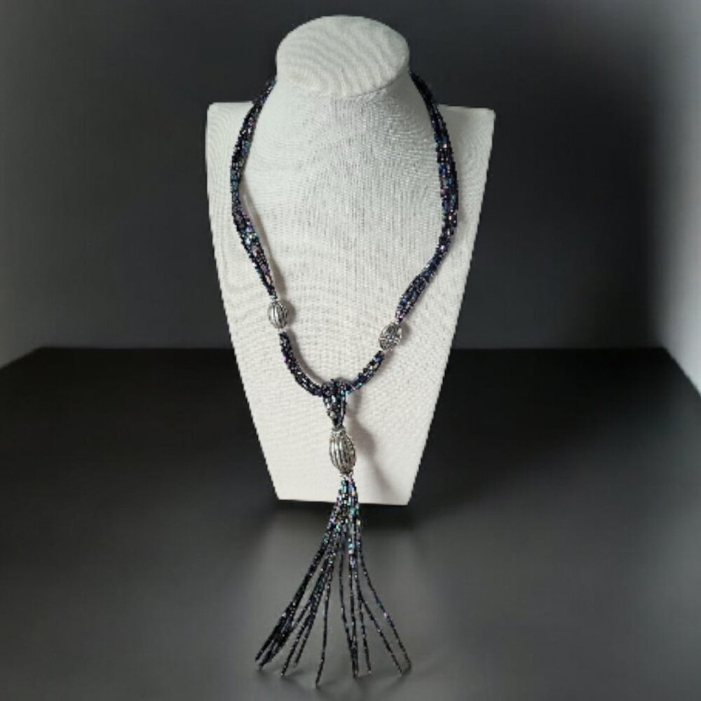 ๐ Black Beaded Tassel Necklace Iridescent Multi Strand Statement Silver Tone - Picture 2 of 4